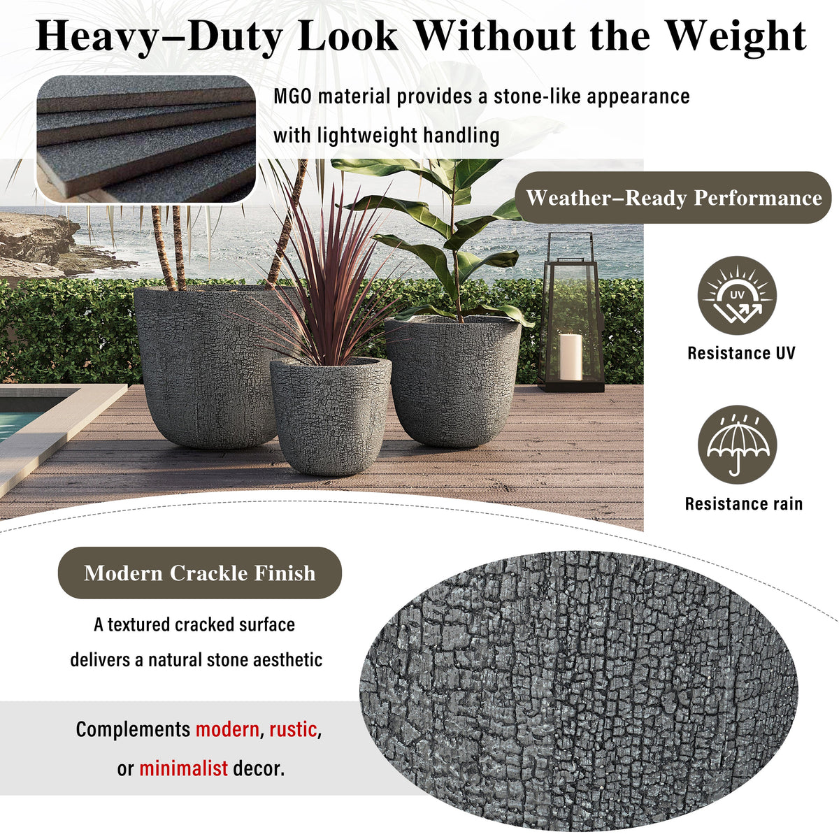 Lightweight MGO Planter Set of 3 with Crackle Texture - Gray, photo 6 of 18