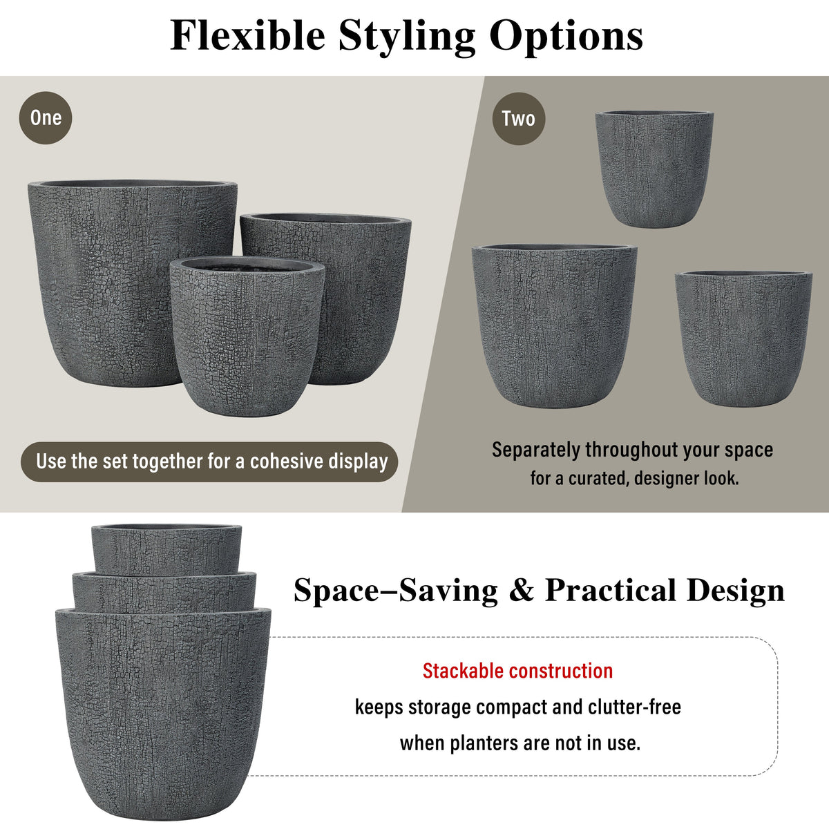 Lightweight MGO Planter Set of 3 with Crackle Texture - Gray, photo 8 of 18