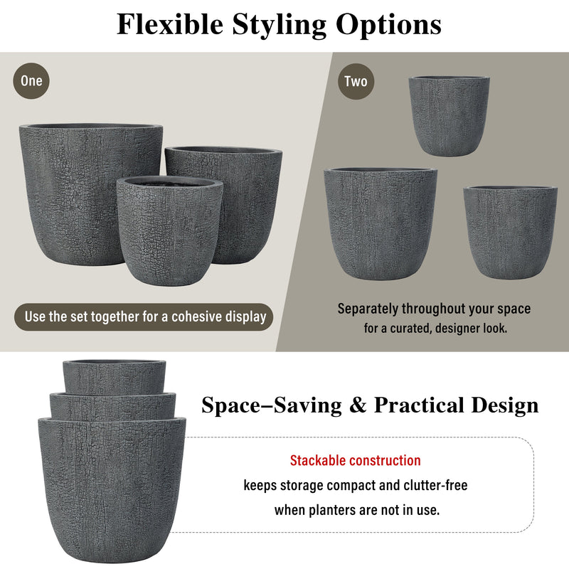 Lightweight MGO Planter Set of 3 with Crackle Texture - Gray, photo 8 of 18