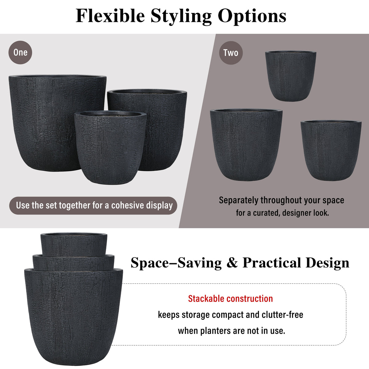 Lightweight MGO Planter Set of 3 with Crackle Texture - Neutral, photo 9 of 18