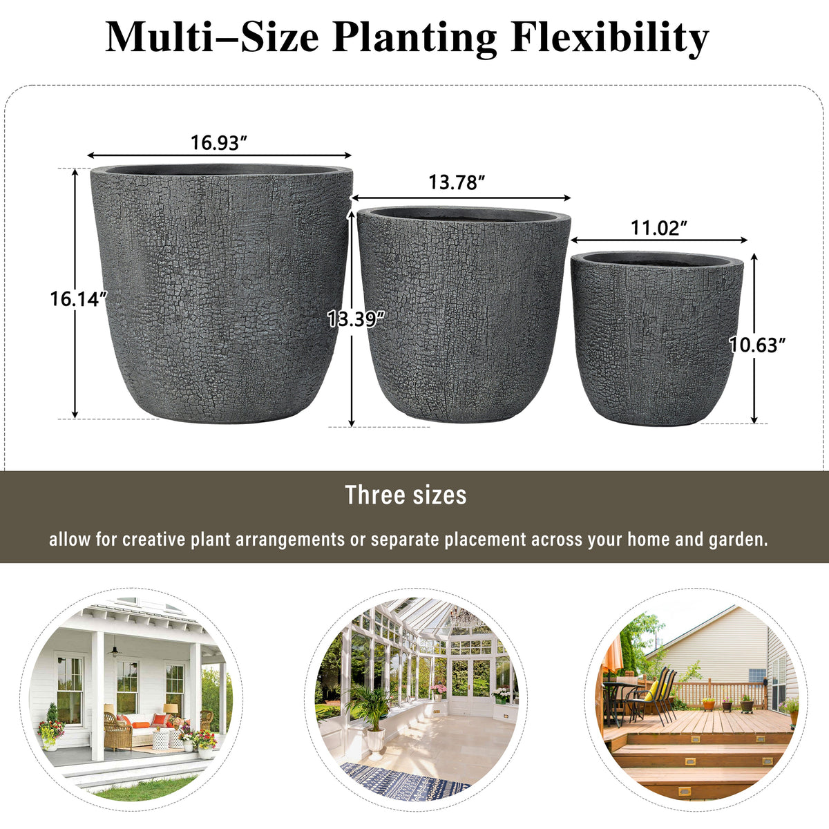 Lightweight MGO Planter Set of 3 with Crackle Texture - Gray, photo 9 of 18