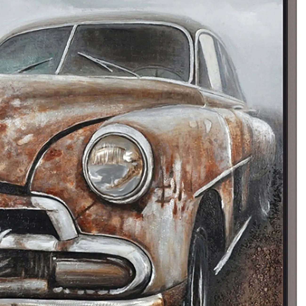 Hand Painted Acrylic and Aluminum 3D Wall Art Vintage Car 47 x 59 Rectangular Canvas with a Dark Brown Wooden Frame by Sharicks