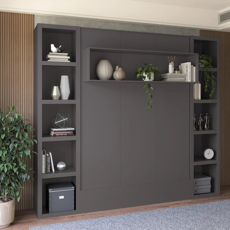 Easy-Lift Queen Murphy Wall Bed in Dark Grey with Two Bookshelves by Sharicks