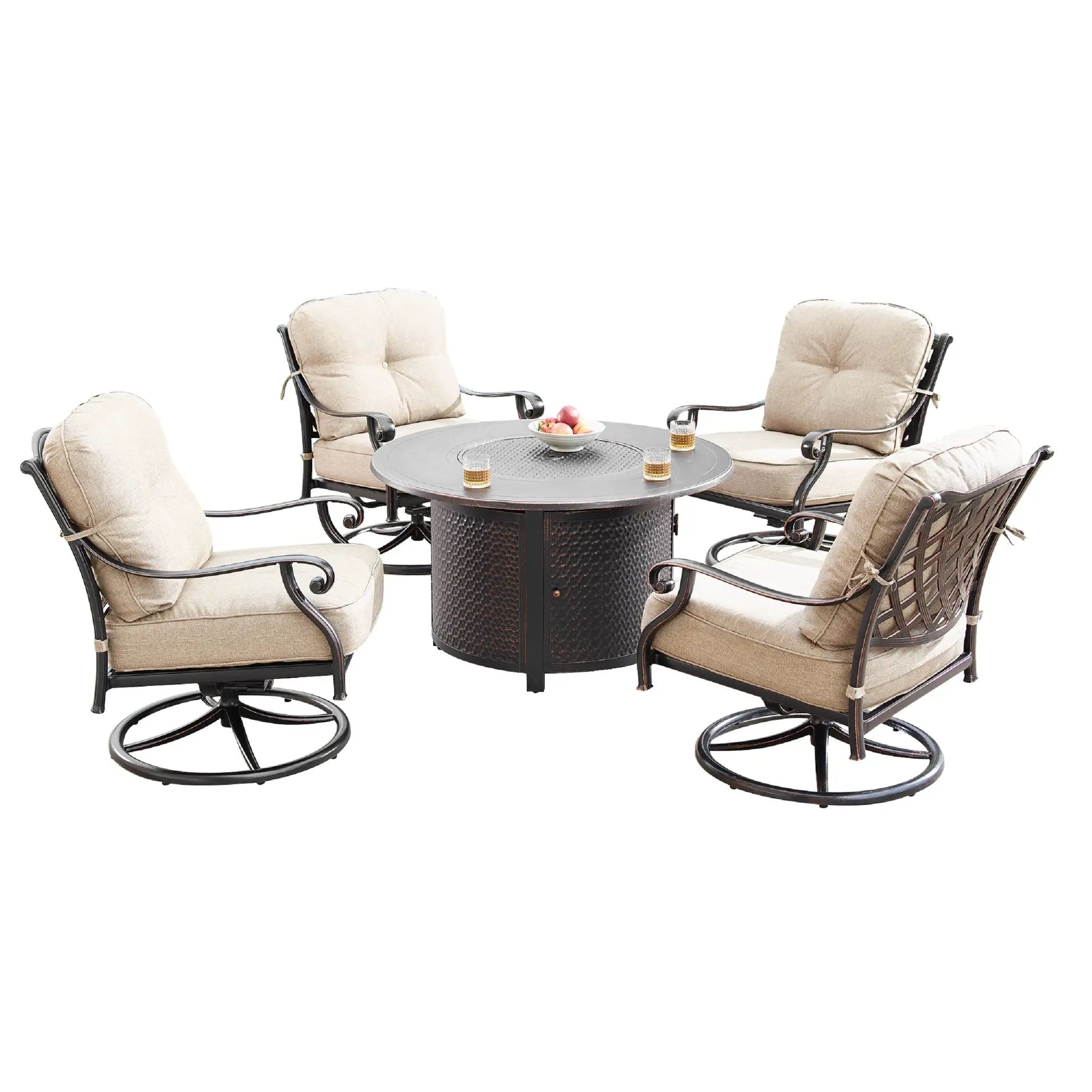 Aluminum 44-in Round Patio Fire Table Set with Swivel Rocking Chairs by Sharicks