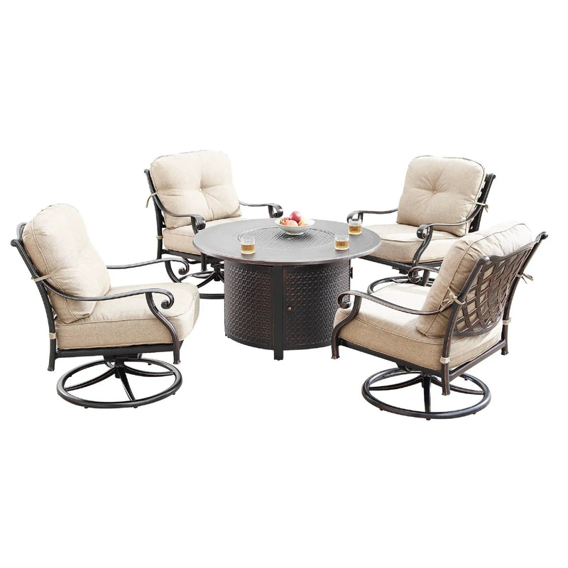 Aluminum 44-in Round Patio Fire Table Set with Swivel Rocking Chairs by Sharicks