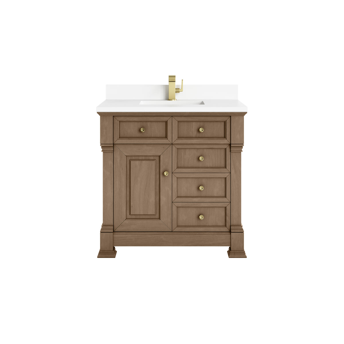 James Martin Brookfield 36" Single Bathroom Vanity, Pecan with White Zeus (Single Hole, with Backsplash) countertop