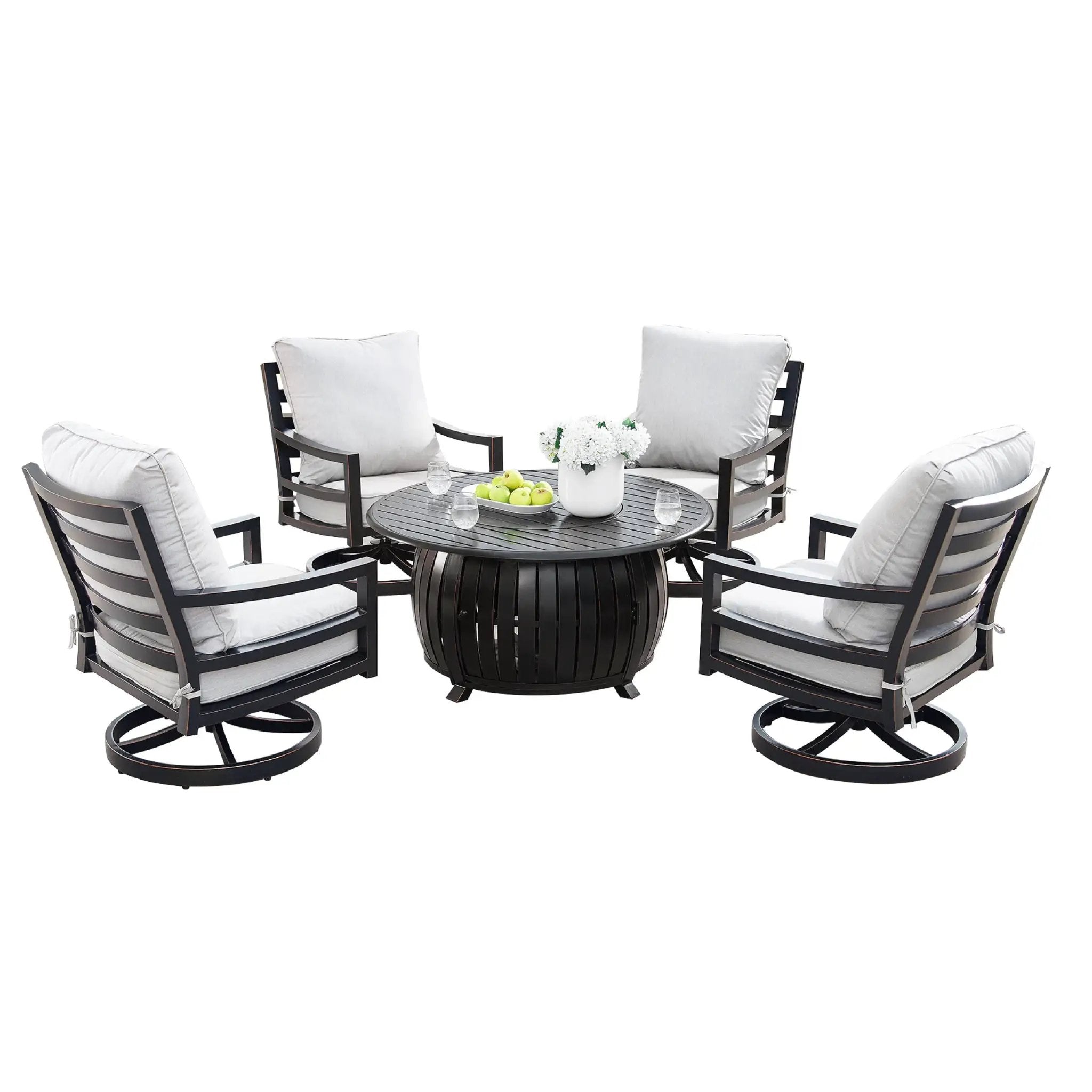 Aluminum 44-in Round Patio Fire Table Set with Swivel Rocking Chairs by Sharicks