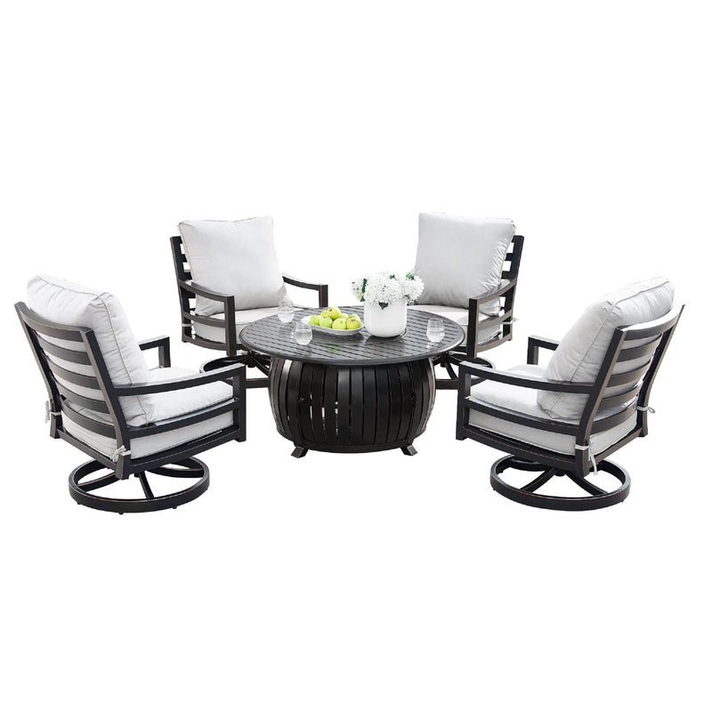Aluminum 44-in Round Patio Fire Table Set with Swivel Rocking Chairs by Sharicks
