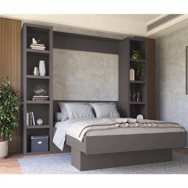 Easy-Lift Queen Murphy Wall Bed in Dark Grey with Two Bookshelves by Sharicks