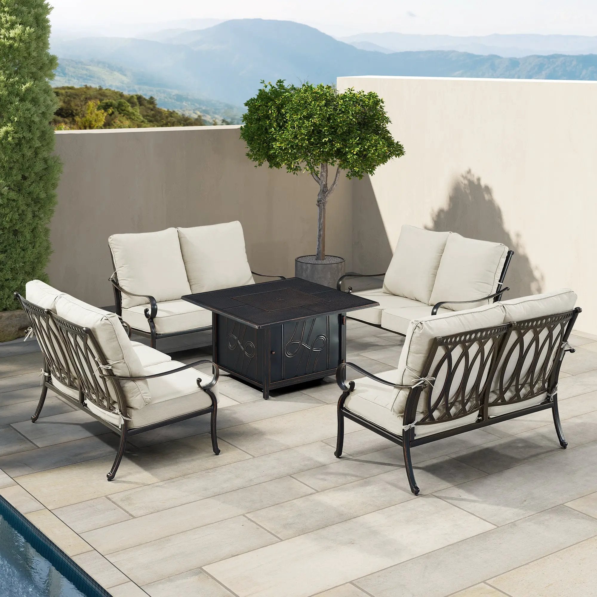 Black Aluminum Fire Table Set with Four Deep Seating Loveseats by Sharicks