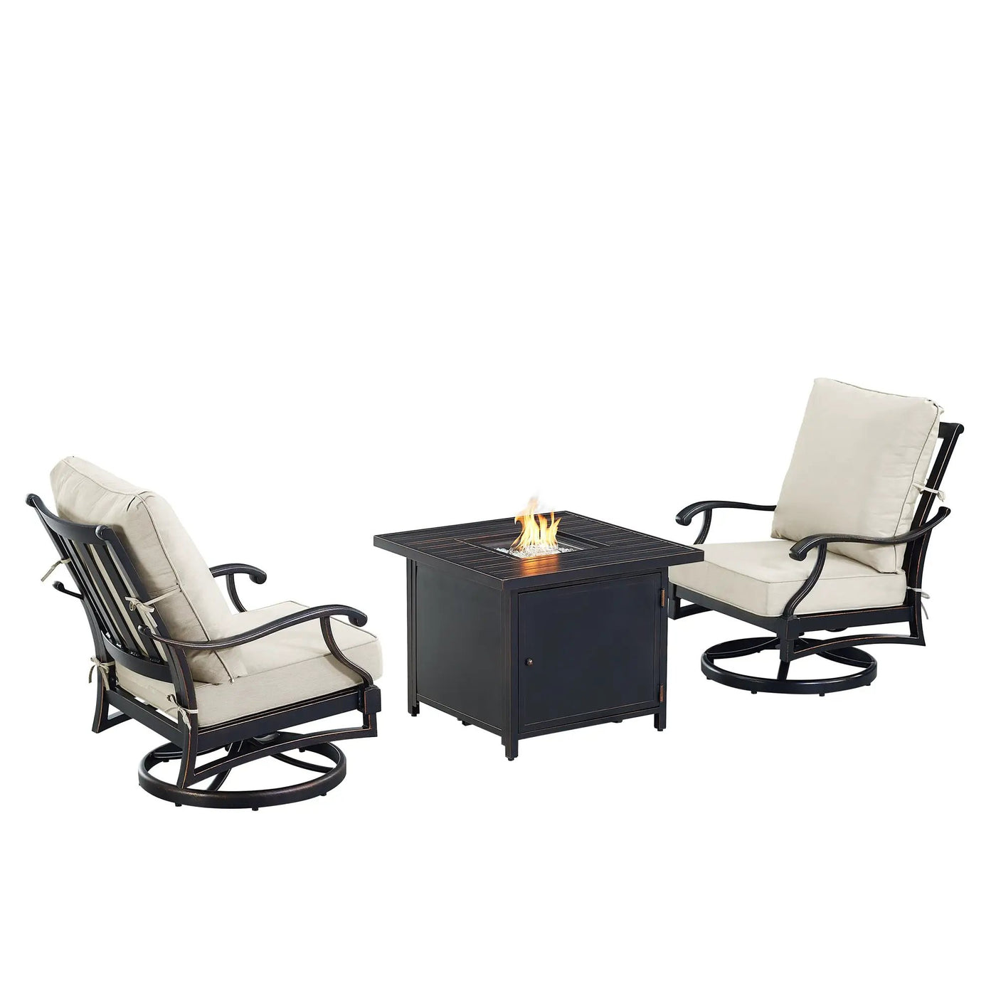 Black Aluminum Fire Table Bistro Set with Two Club Chairs by Sharicks
