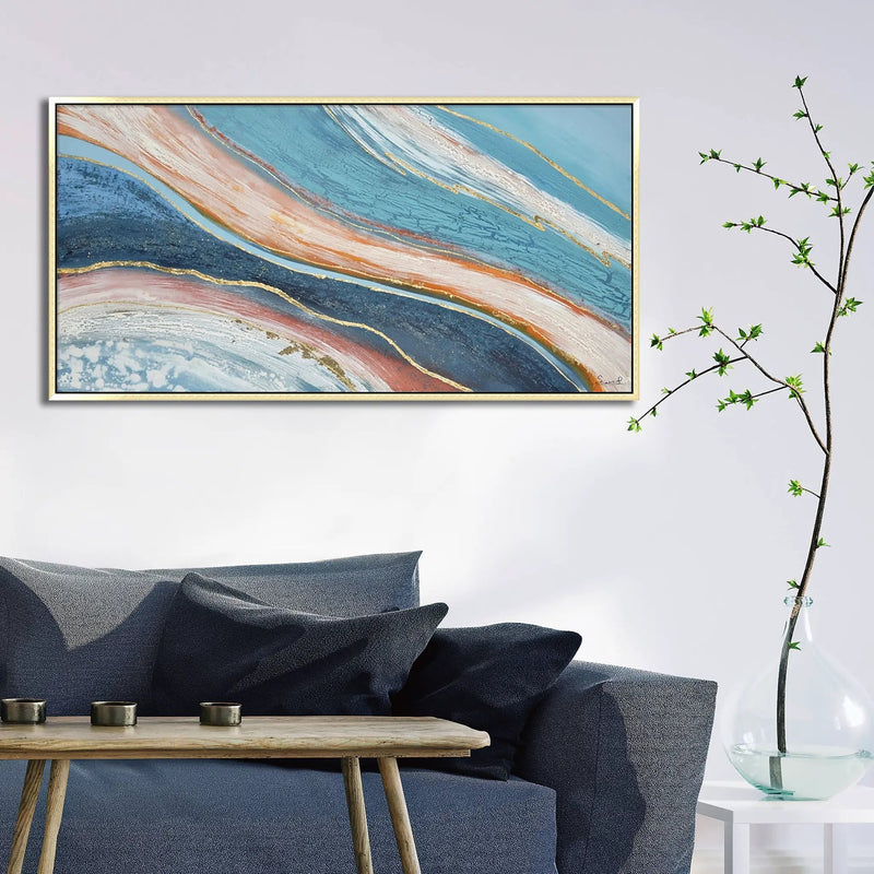 Hand Painted Acrylic Abstract Wall Art Blues and Reds on a 59 x 30 Rectangular Canvas with a Gold Wooden Frame by Sharicks
