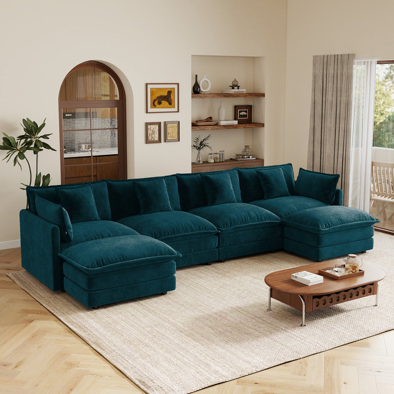 Oversized U-Shape Sectional Sofa, 4-Seater with 2 Ottomans, Chenille, Blue, photo 3 of 10