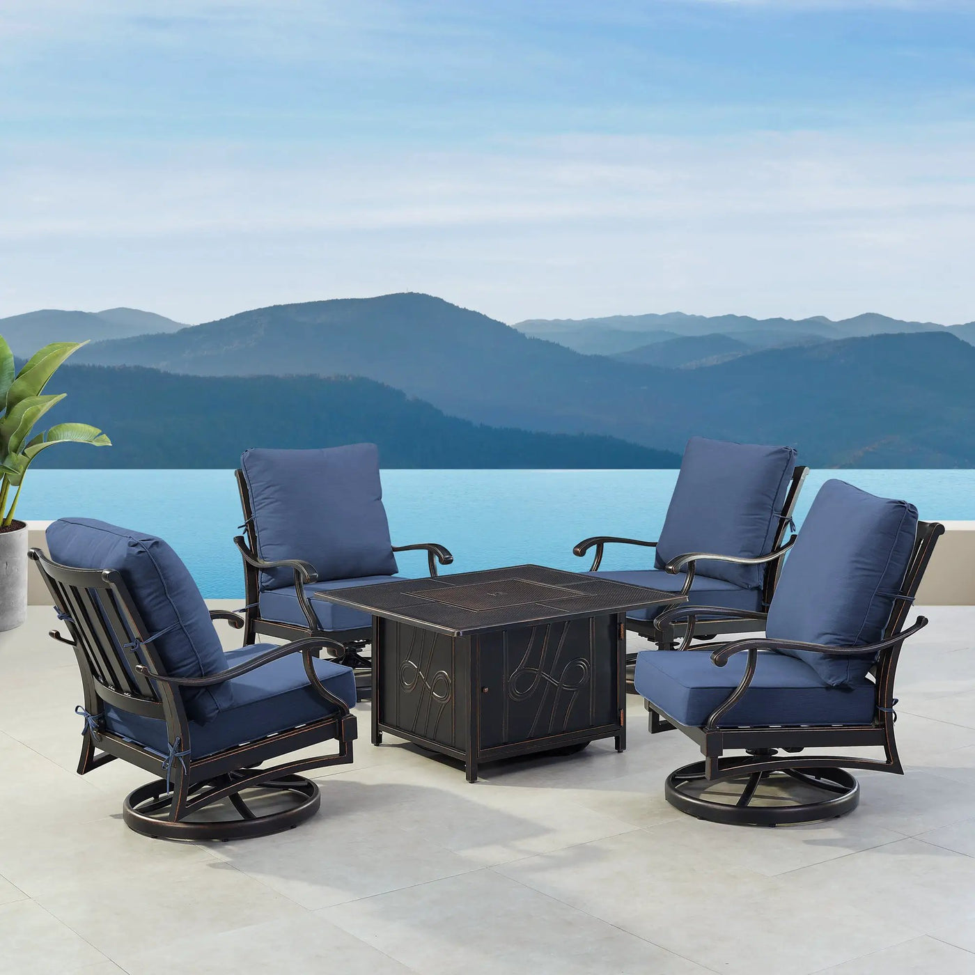 Black Aluminum Fire Table Set with Four Club Chairs by Sharicks