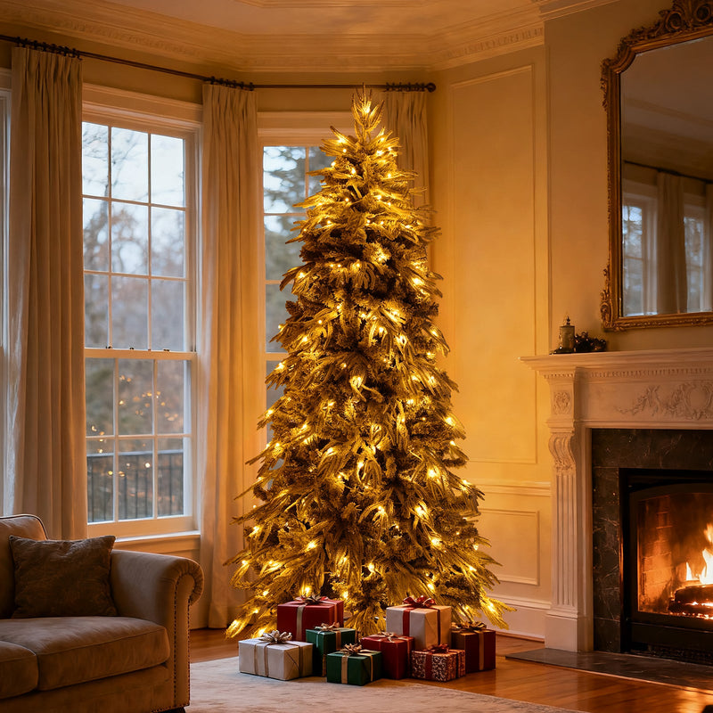 7ft Slim Flocked Christmas Tree, Pre-lit with 250 Warm White LED Lights, White, photo 2 of 10