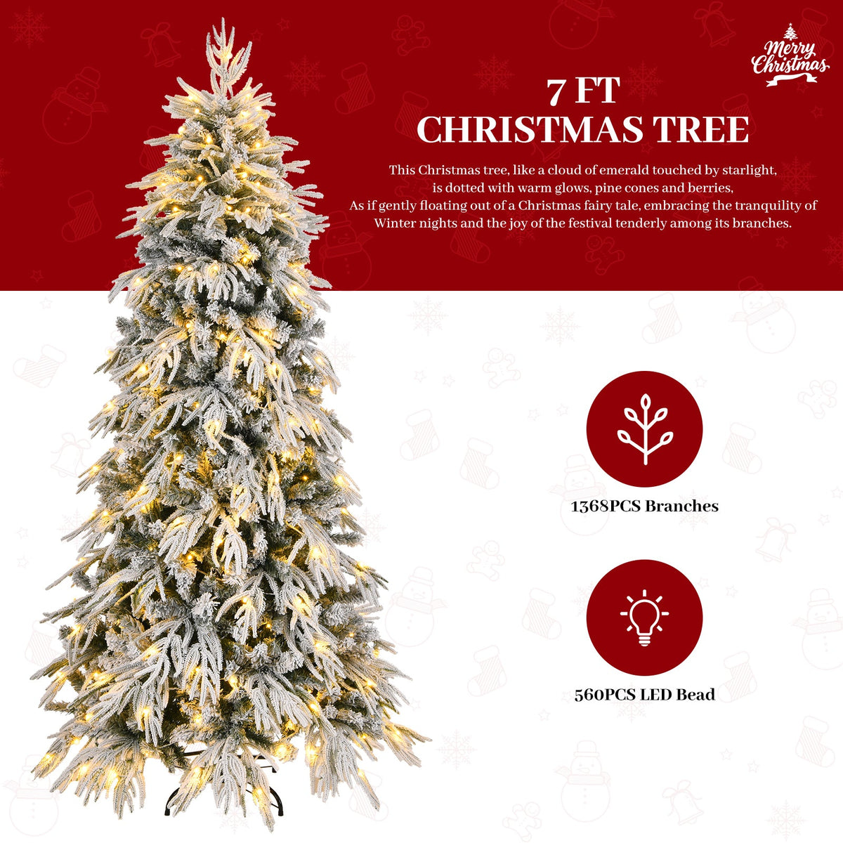 7ft Slim Flocked Christmas Tree, Pre-lit with 250 Warm White LED Lights, White, photo 4 of 10