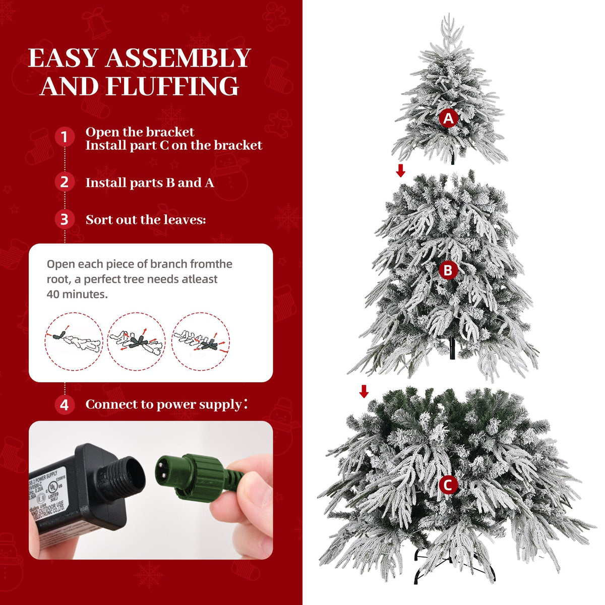 7ft Slim Flocked Christmas Tree, Pre-lit with 250 Warm White LED Lights, White, photo 5 of 10