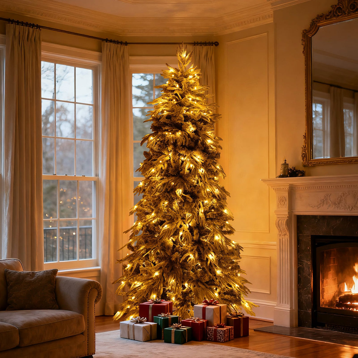 8-Foot Slim Flocked Christmas Tree, Pre-lit with 350 Warm White Lights, photo 2 of 10