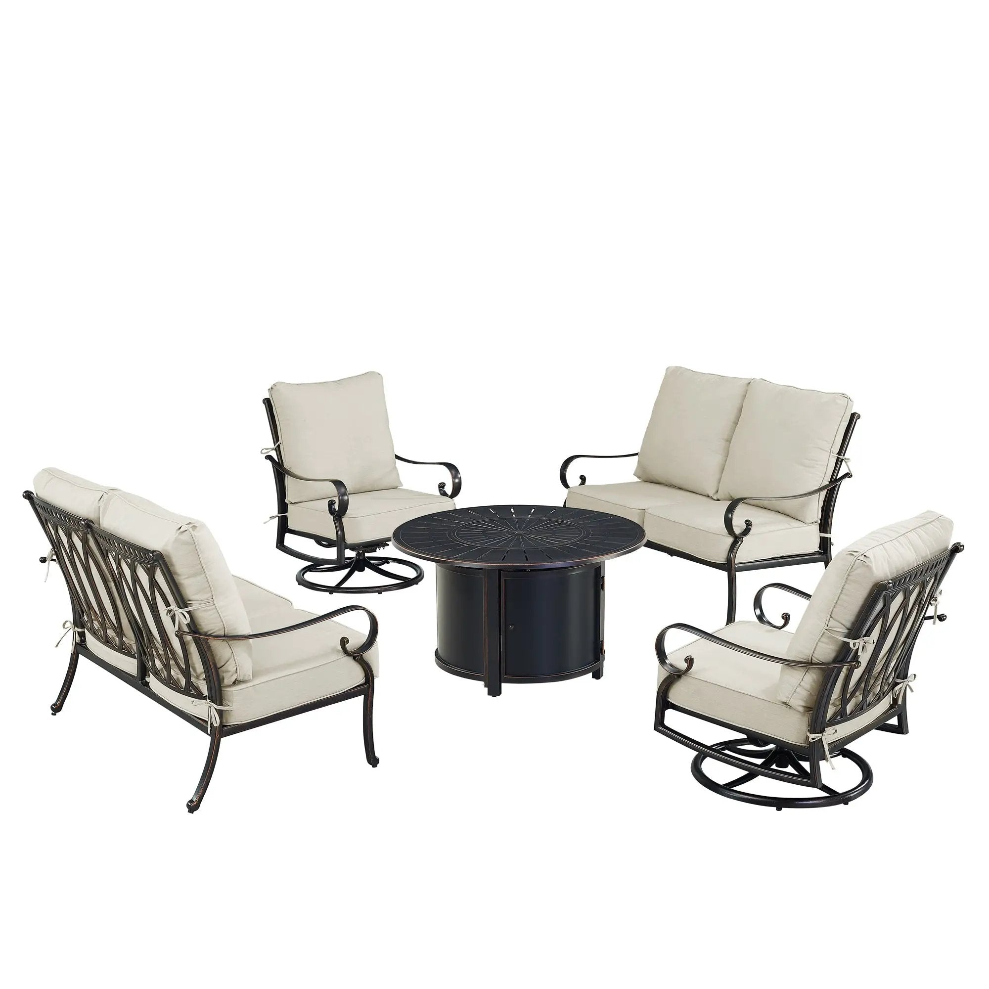 Black Aluminum Fire Table Set with Two Loveseats and Two Club Chairs by Sharicks