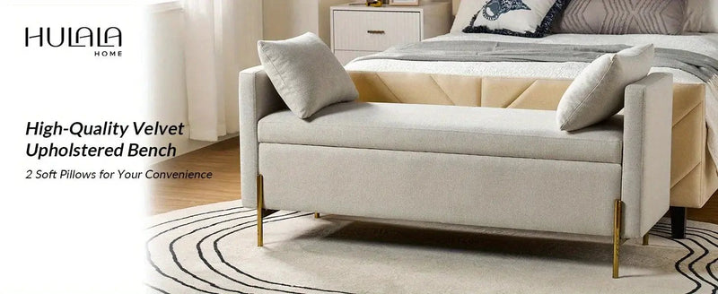 Upholstered Fabric Storage Ottoman Bench with Pillows by House Of Avana