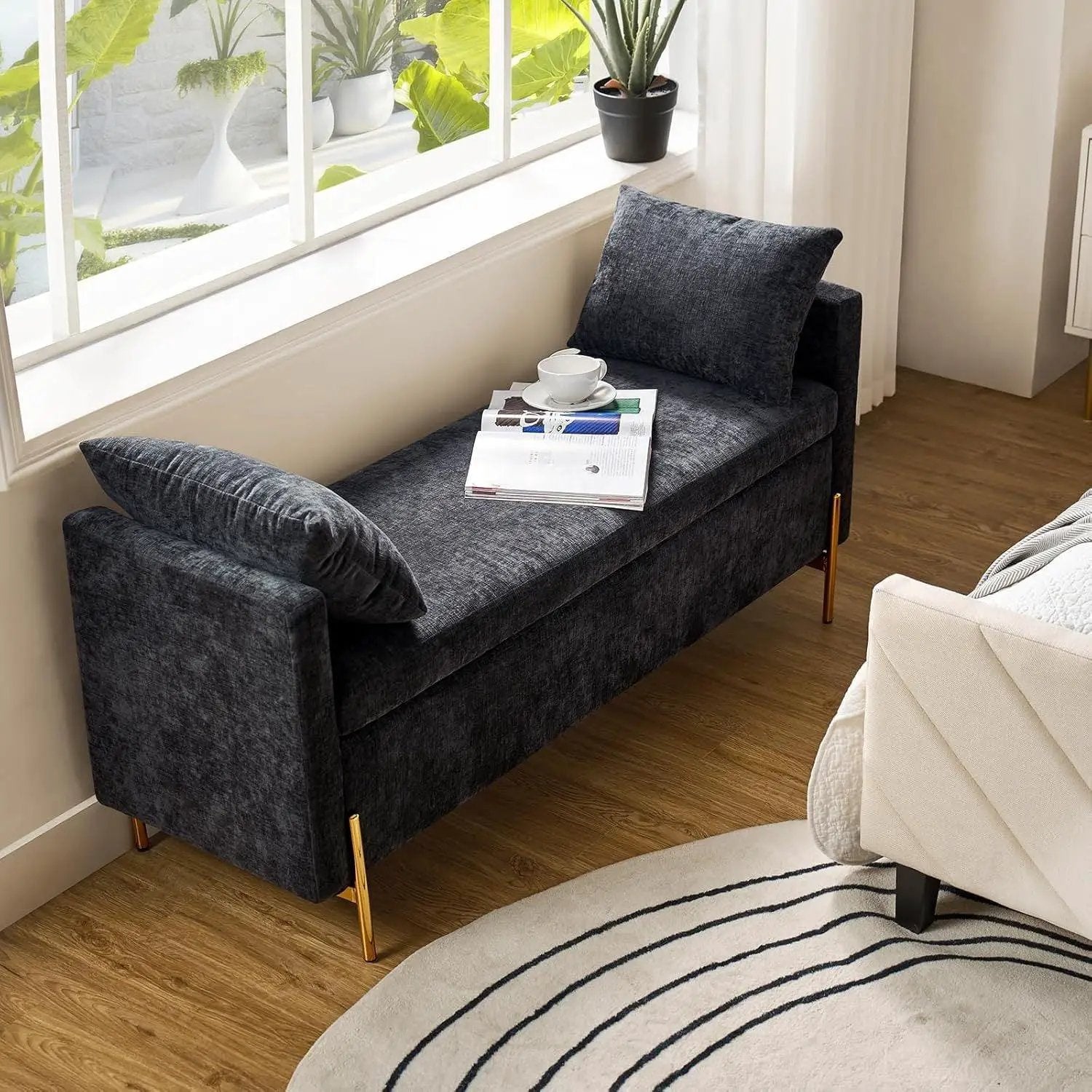 Upholstered Fabric Storage Ottoman Bench with Pillows