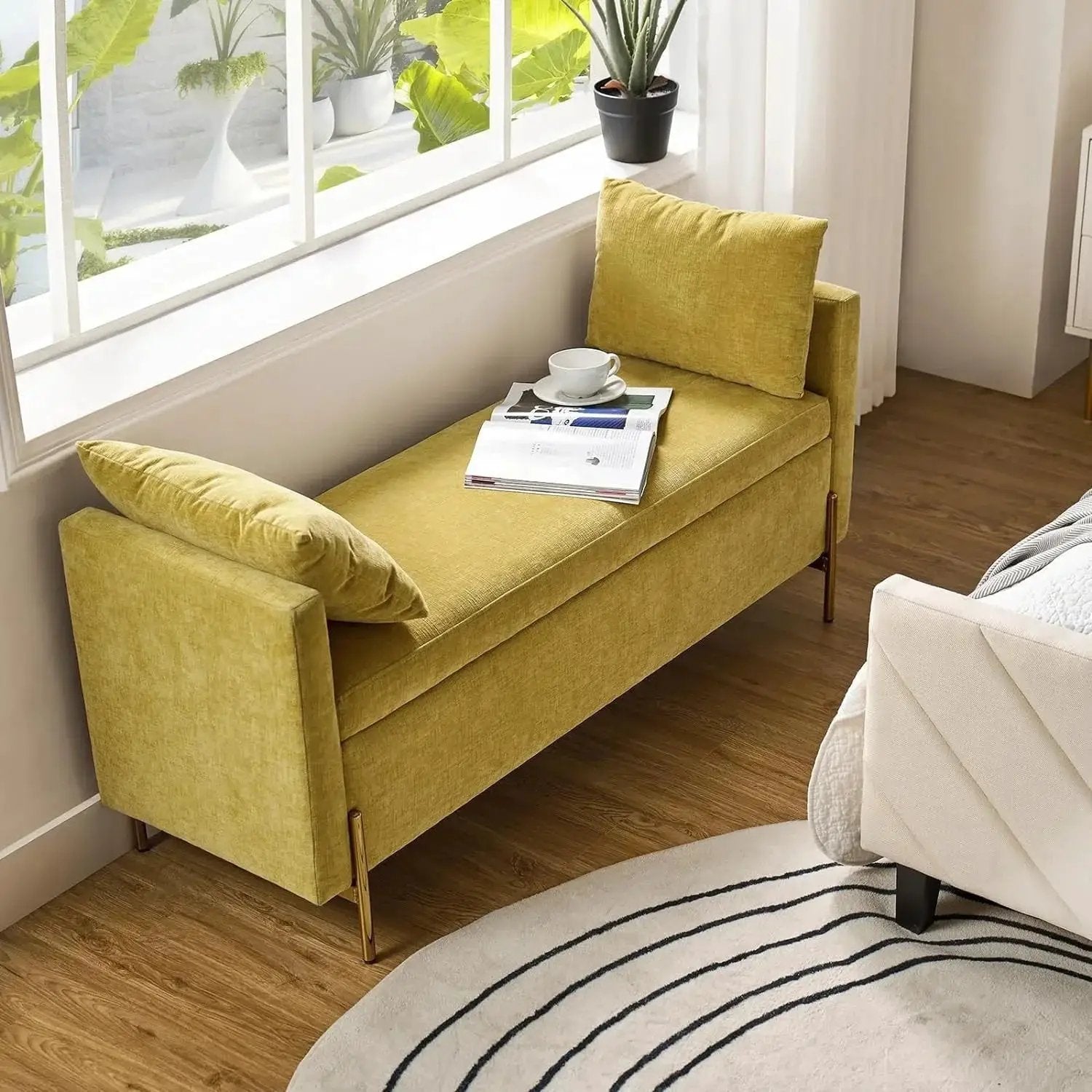 Upholstered Fabric Storage Ottoman Bench with Pillows by House Of Avana