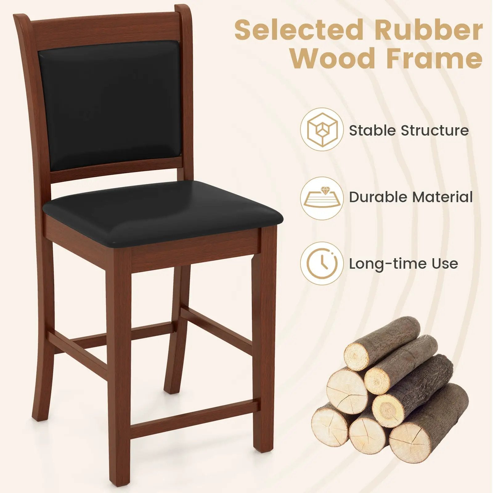 Upholstered Counter Stool Set of 2 with Solid Rubber Wood Frame-Brown by DirectDeals