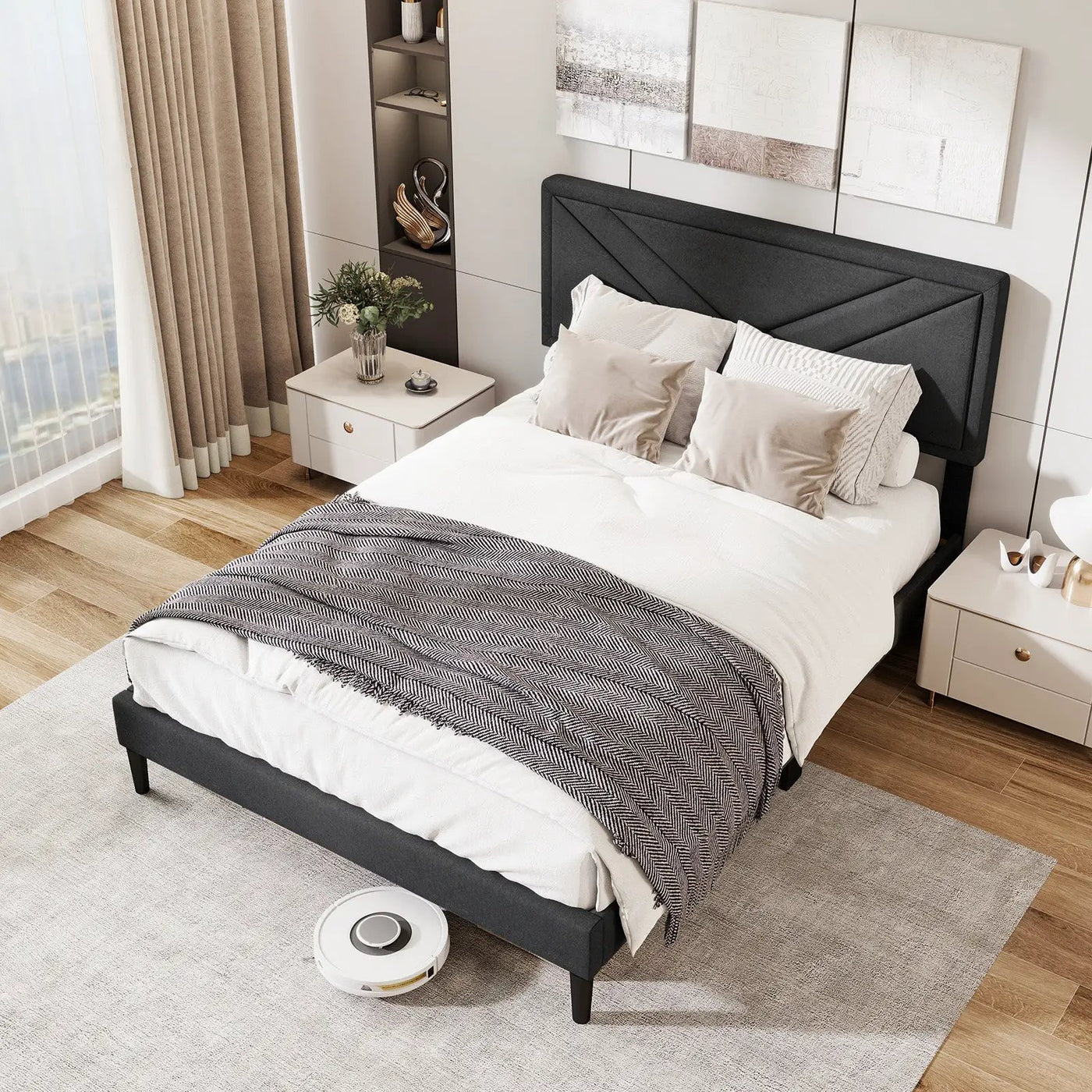 Upholstered Platform Bed with Tufted Headboard and Wooden Slats by DirectDeals
