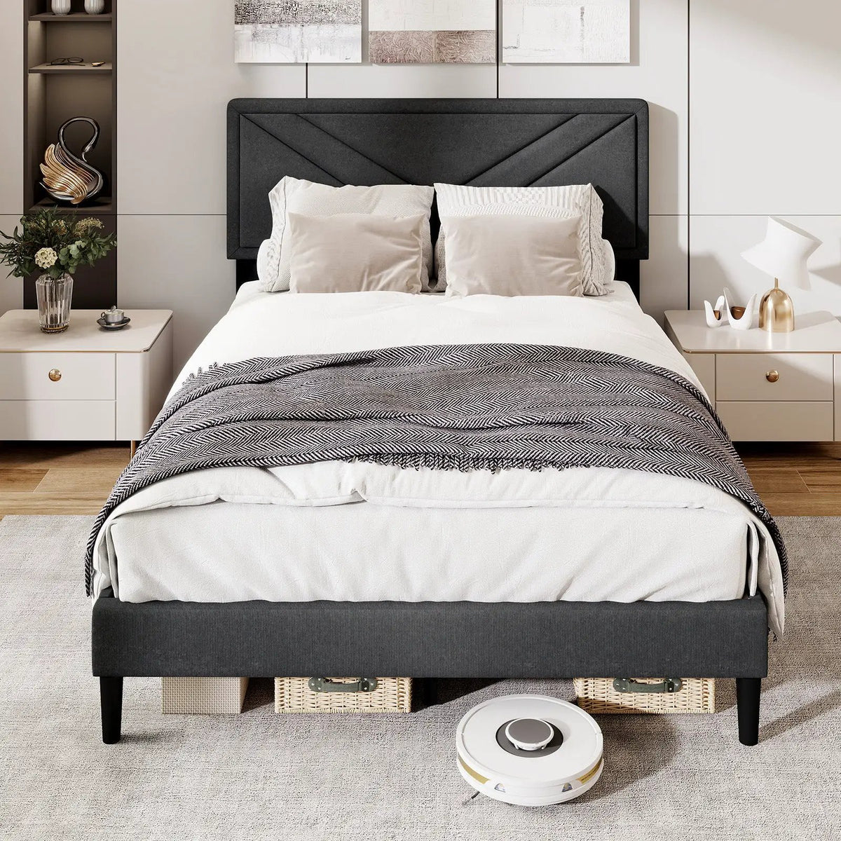 Upholstered Platform Bed with Tufted Headboard and Wooden Slats by DirectDeals