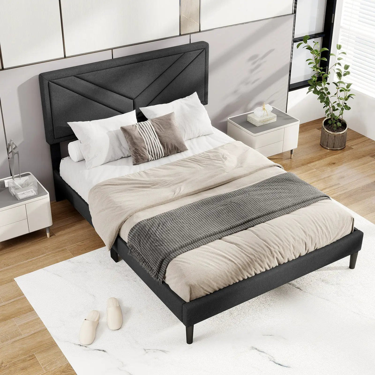 Upholstered Platform Bed with Tufted Headboard and Wooden Slats by DirectDeals