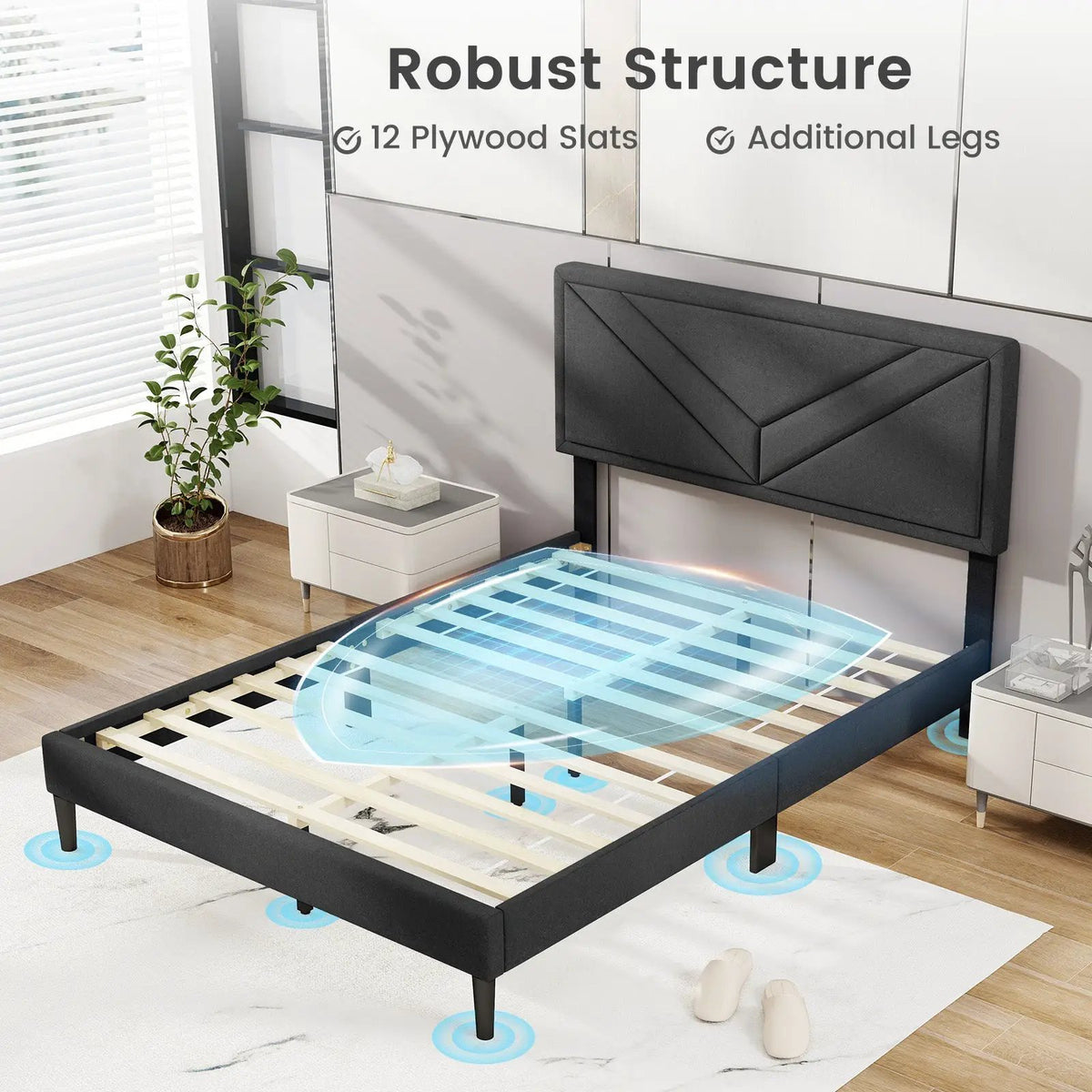 Upholstered Platform Bed with Tufted Headboard and Wooden Slats by DirectDeals
