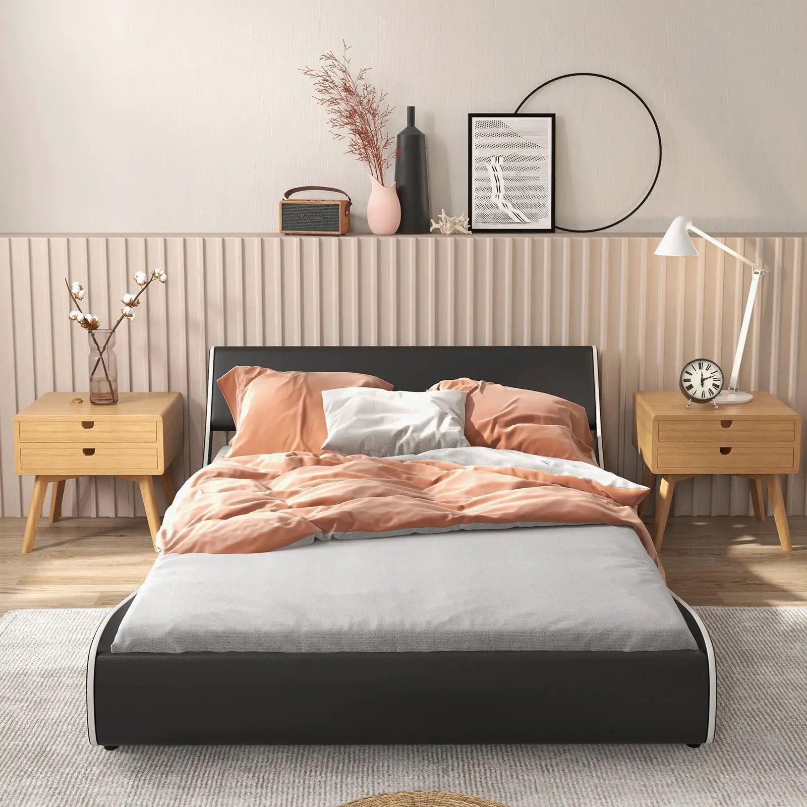 Upholstered Platform Bed Frame Low Profile Faux Leather with Curved Headboard by DirectDeals