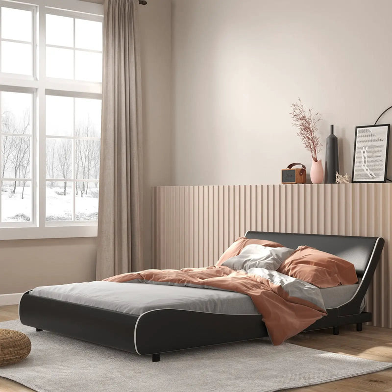 Upholstered Platform Bed Frame Low Profile Faux Leather with Curved Headboard by DirectDeals