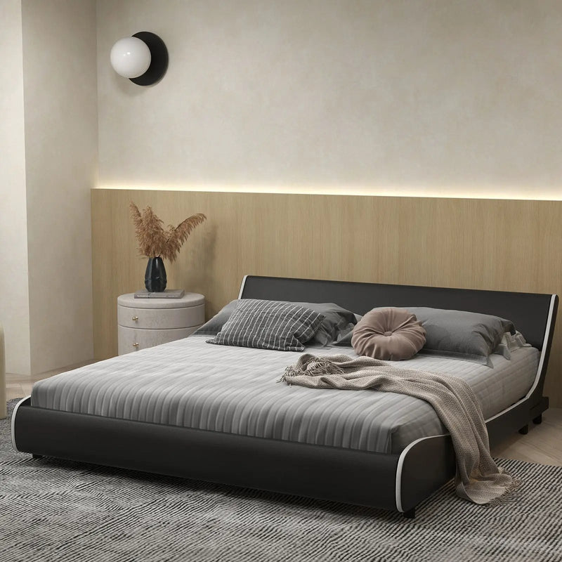 Upholstered Platform Bed Frame Low Profile Faux Leather with Curved Headboard by DirectDeals