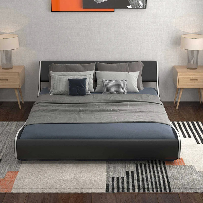 Upholstered Platform Bed Frame Low Profile Faux Leather with Curved Headboard by DirectDeals