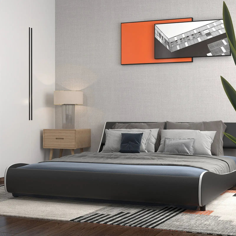 Upholstered Platform Bed Frame Low Profile Faux Leather with Curved Headboard by DirectDeals