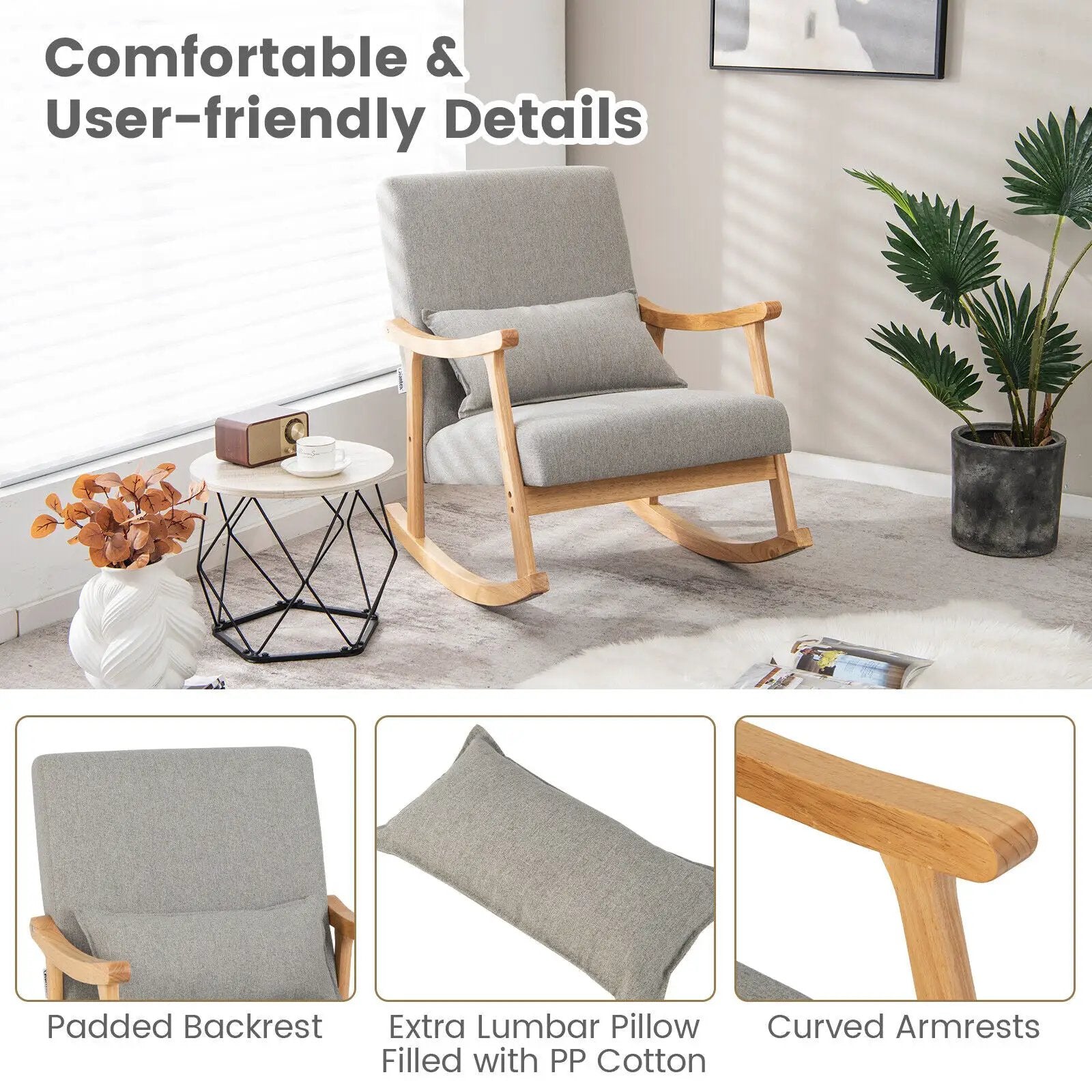 Upholstered Rocking Chair with Pillow and Rubber Wood Frame by DirectDeals