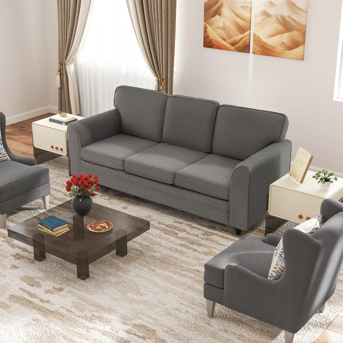 Upholstered Teddy Velvet 3-Seat Sofa with Comfy Back Pillows by DirectDeals