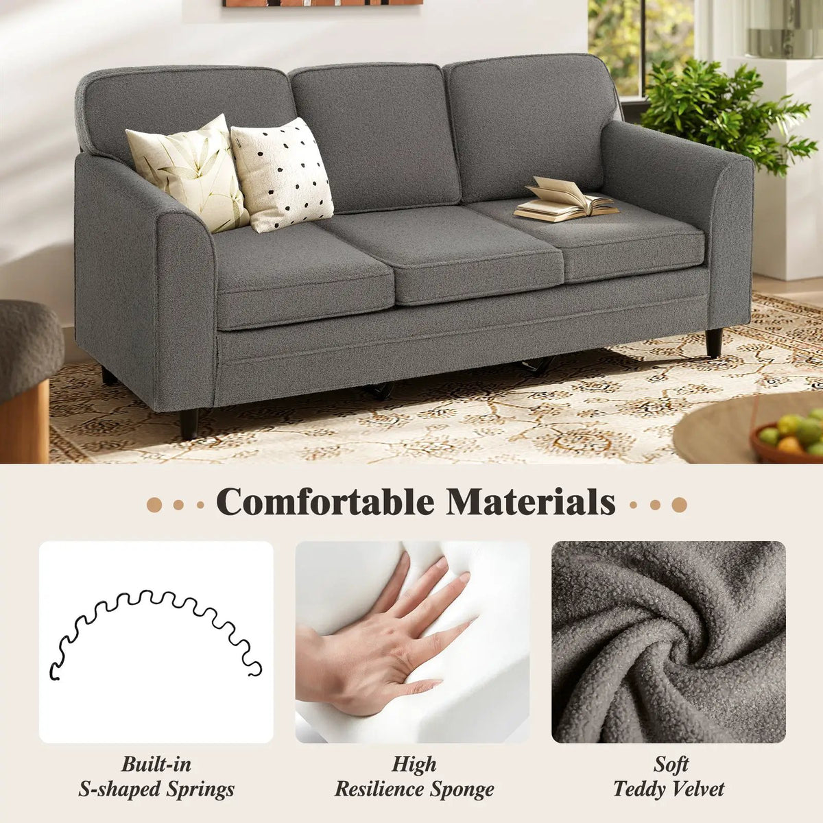 Upholstered Teddy Velvet 3-Seat Sofa with Comfy Back Pillows by DirectDeals