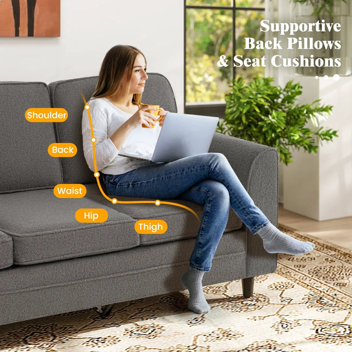 Upholstered Teddy Velvet 3-Seat Sofa with Comfy Back Pillows by DirectDeals