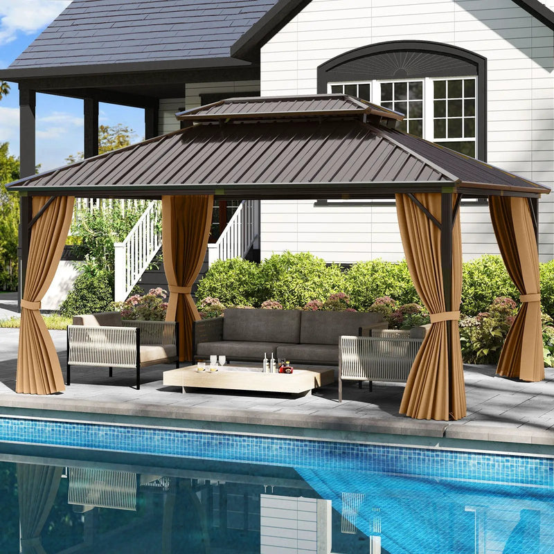 16 x 12 Feet Hardtop Gazebo Aluminum Frame Permanent Pavilion with Curtains and Netting-Coffee by DirectDeals