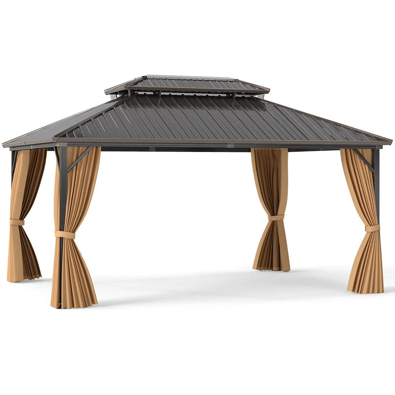 16 x 12 Feet Hardtop Gazebo Aluminum Frame Permanent Pavilion with Curtains and Netting-Coffee by DirectDeals