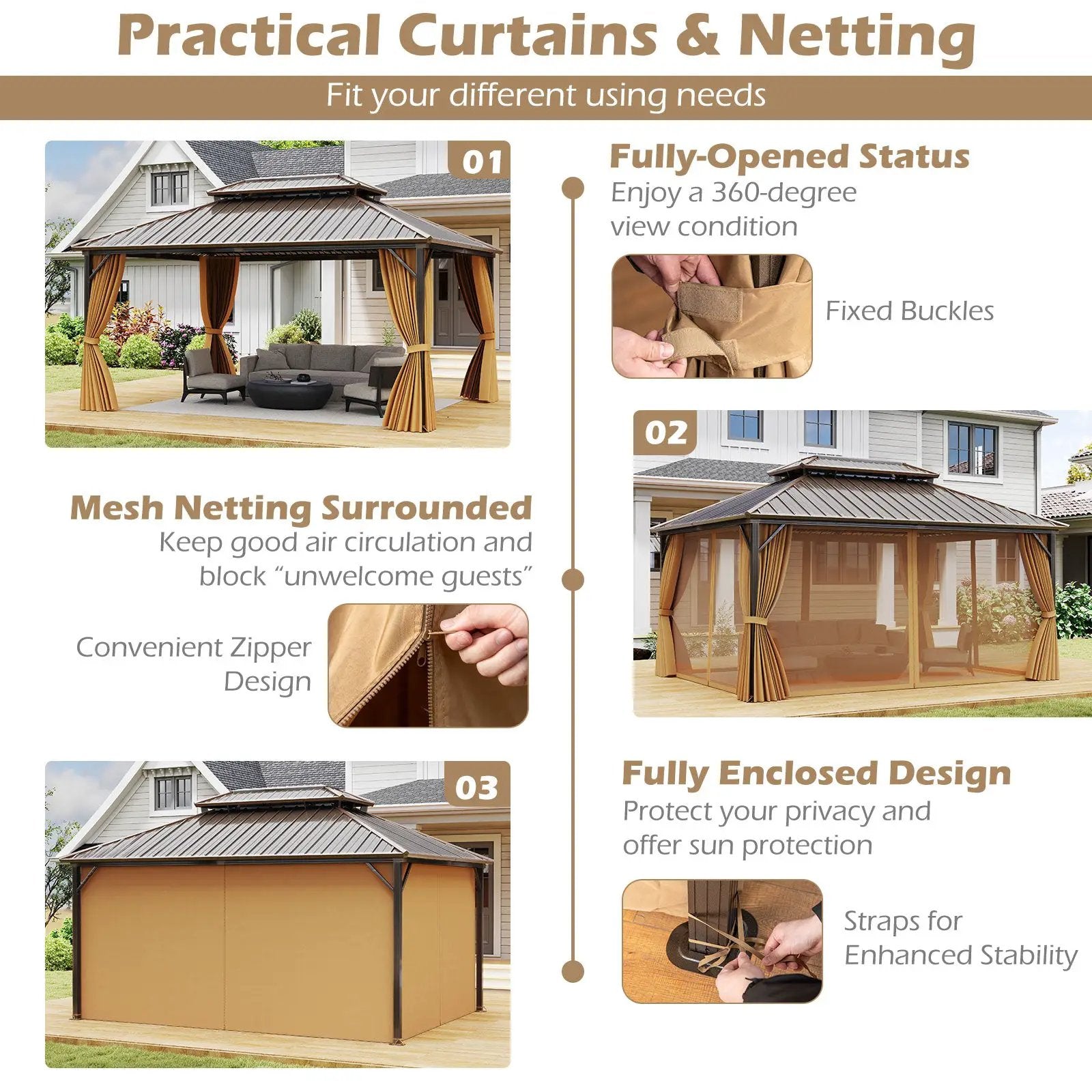 16 x 12 Feet Hardtop Gazebo Aluminum Frame Permanent Pavilion with Curtains and Netting-Coffee by DirectDeals