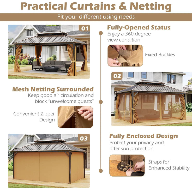 16 x 12 Feet Hardtop Gazebo Aluminum Frame Permanent Pavilion with Curtains and Netting-Coffee by DirectDeals
