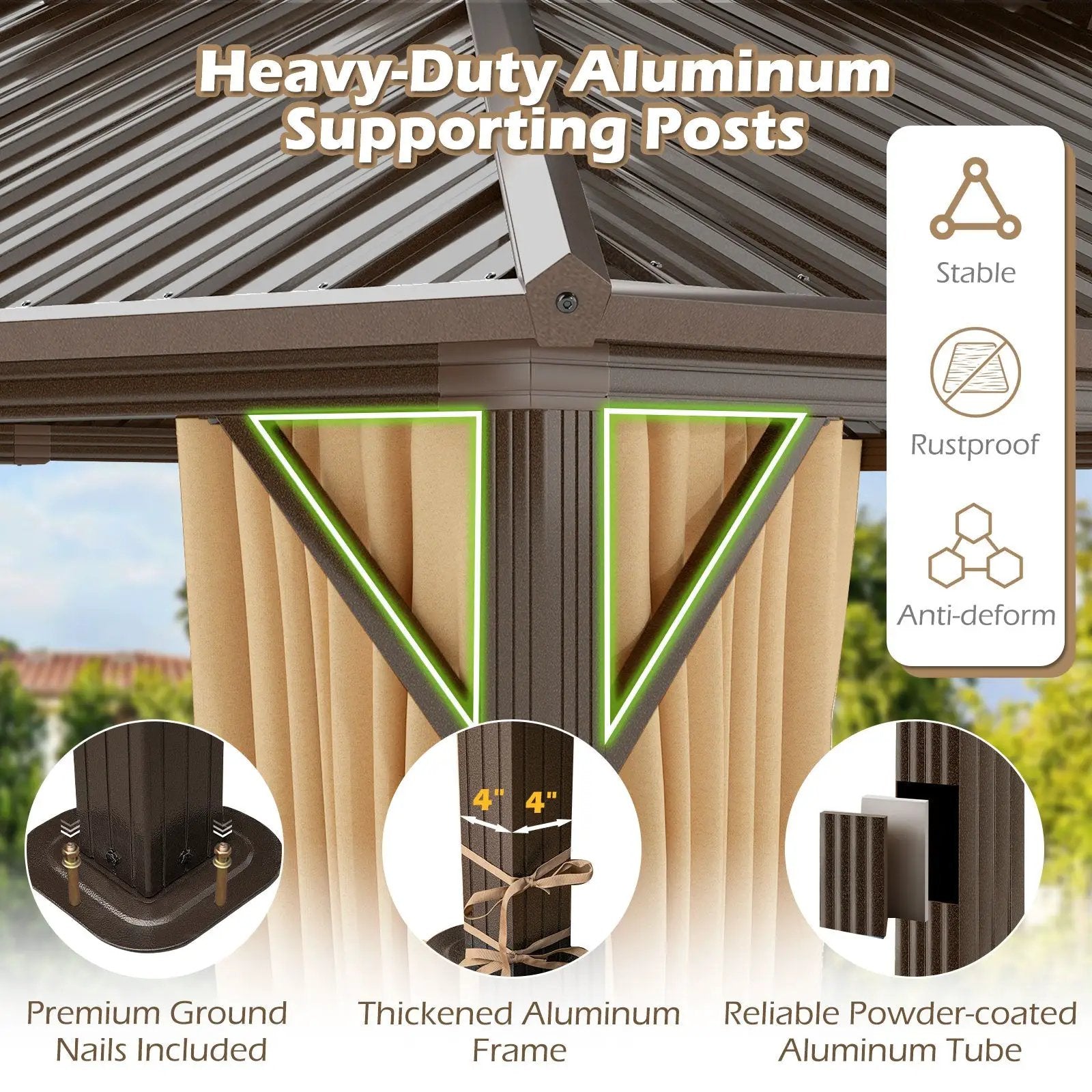 16 x 12 Feet Hardtop Gazebo Aluminum Frame Permanent Pavilion with Curtains and Netting-Coffee by DirectDeals