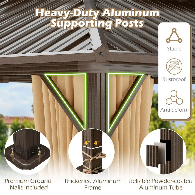 16 x 12 Feet Hardtop Gazebo Aluminum Frame Permanent Pavilion with Curtains and Netting-Coffee by DirectDeals