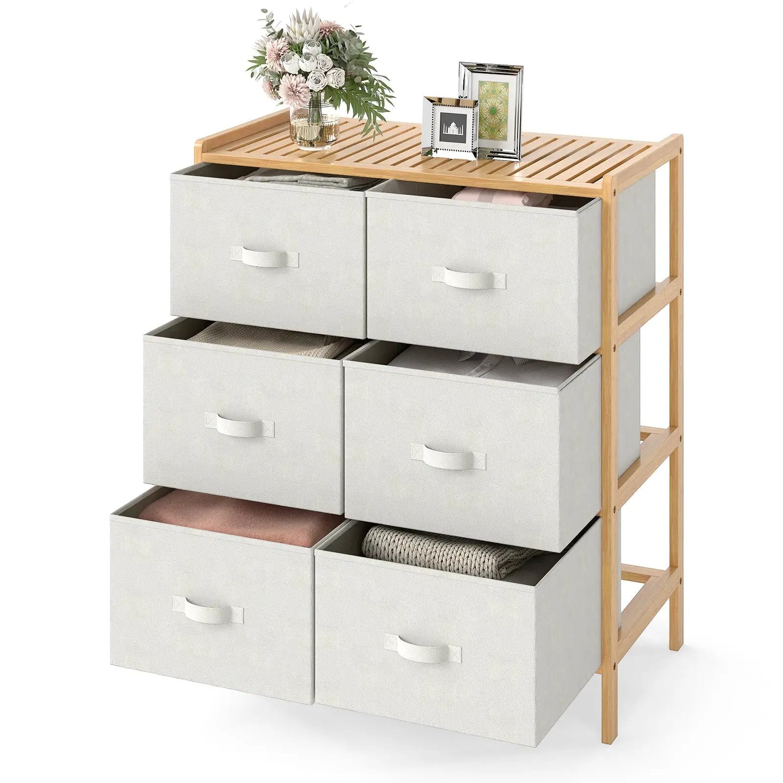 Fabric Dresser with 6 Drawers with 6 Folding Fabric Bins for Bedroom Living Room-Natural by DirectDeals