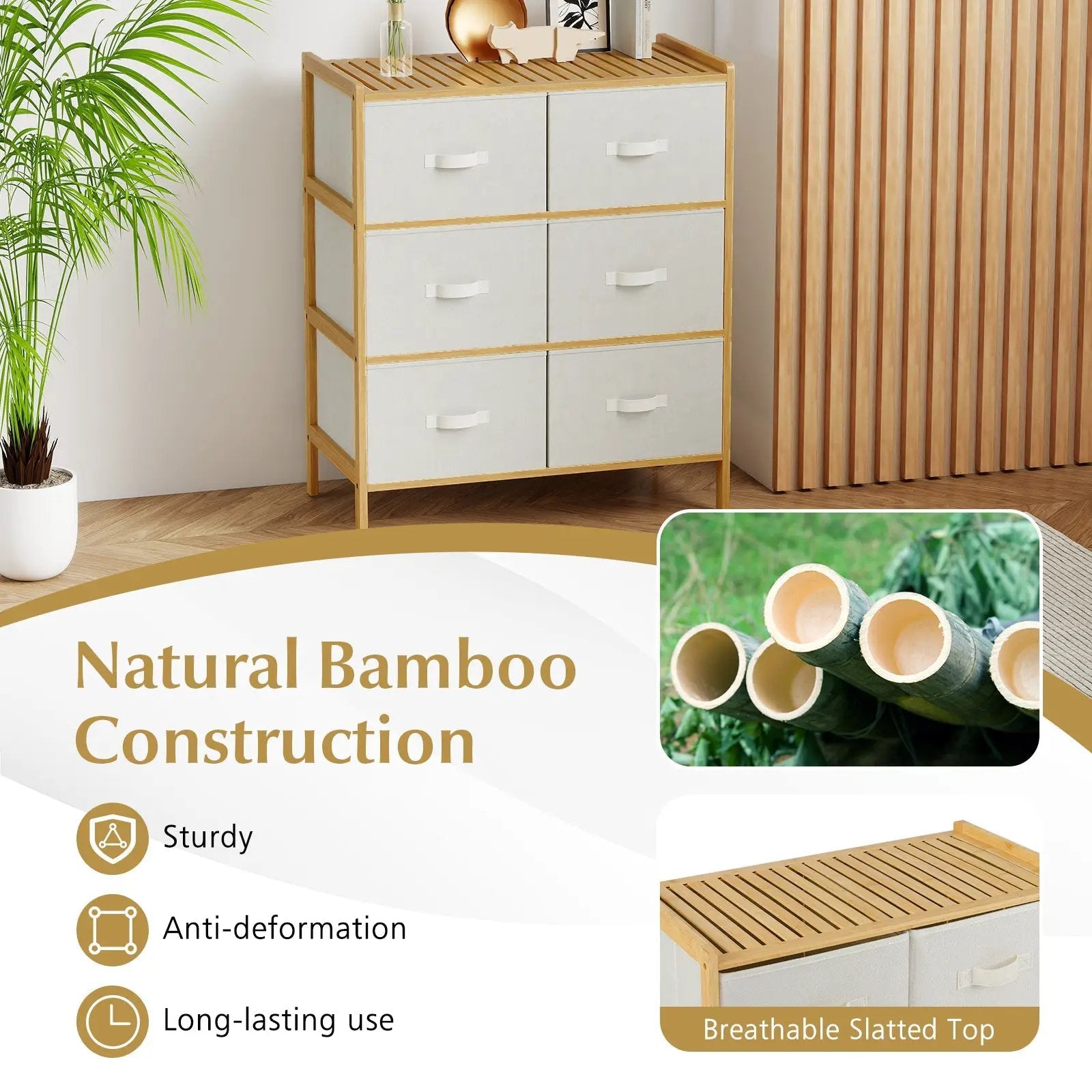 Fabric Dresser with 6 Drawers with 6 Folding Fabric Bins for Bedroom Living Room-Natural by DirectDeals