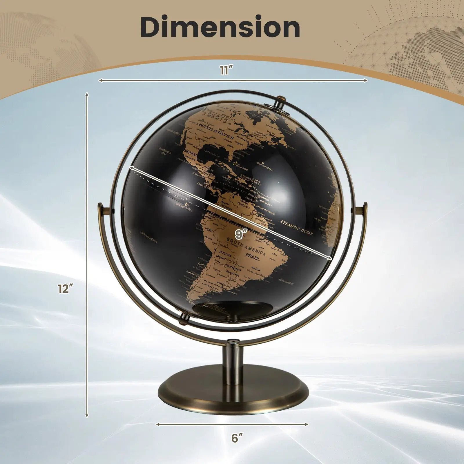 9-Inch Metallic Black World Globe with Metal Stand-Golden by DirectDeals
