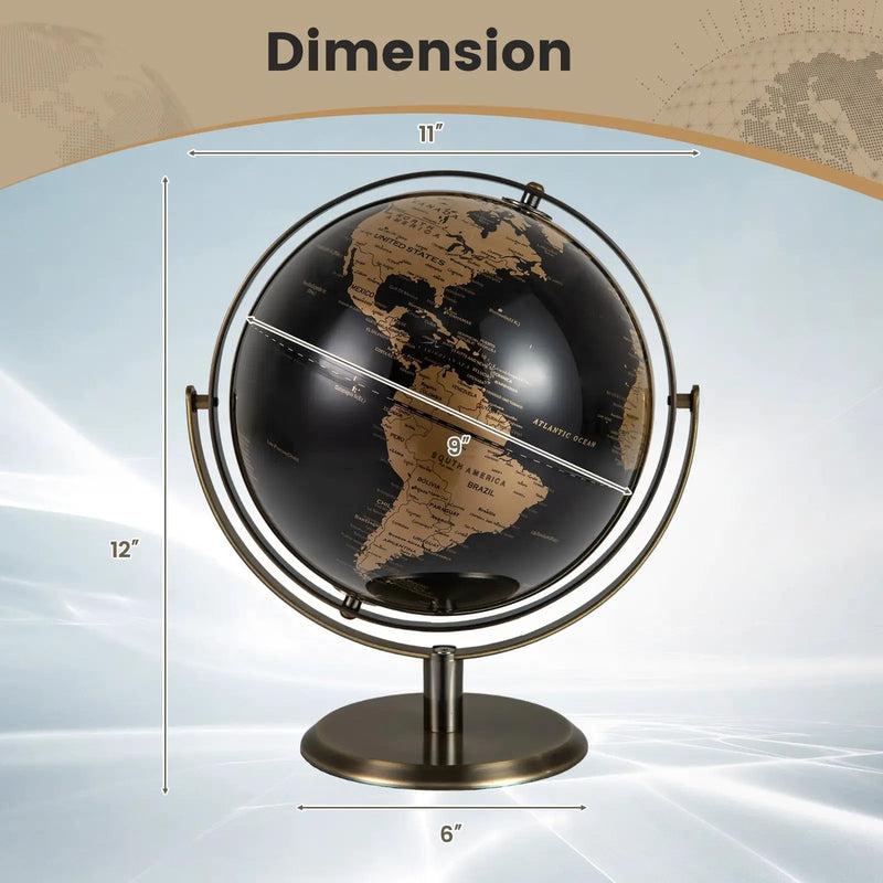 9-Inch Metallic Black World Globe with Metal Stand-Golden by DirectDeals